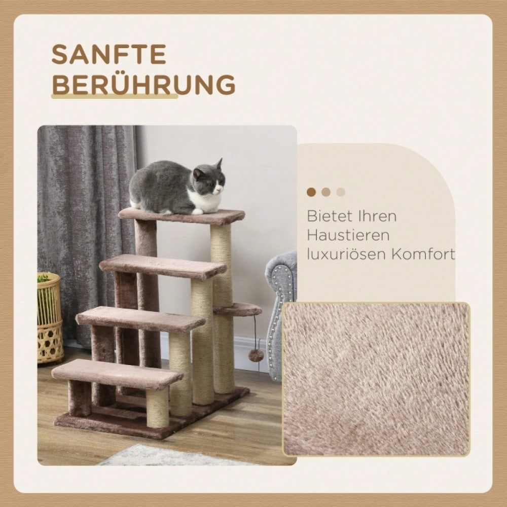 PawHut 2-in-1 Katzenmöbel: 4-stufige Haustiertreppe mit Kratzbaum & Liegefläche | Kratz- und Spielturm für Kleintiere bis 5 kg | Platzsparend, 60x40x64 cm, Braun