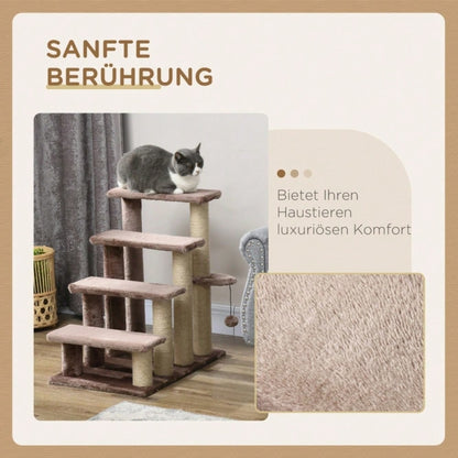 PawHut 2-in-1 Katzenmöbel: 4-stufige Haustiertreppe mit Kratzbaum & Liegefläche | Kratz- und Spielturm für Kleintiere bis 5 kg | Platzsparend, 60x40x64 cm, Braun