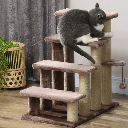PawHut 2-in-1 Katzenmöbel: 4-stufige Haustiertreppe mit Kratzbaum & Liegefläche | Kratz- und Spielturm für Kleintiere bis 5 kg | Platzsparend, 60x40x64 cm, Braun