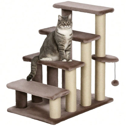 PawHut 2-in-1 Katzenmöbel: 4-stufige Haustiertreppe mit Kratzbaum & Liegefläche | Kratz- und Spielturm für Kleintiere bis 5 kg | Platzsparend, 60x40x64 cm, Braun