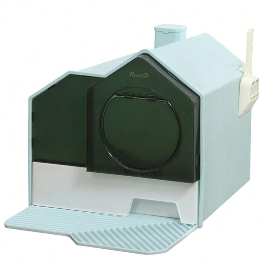 PawHut Katzentoilette mit Hütten-Design | Katzenklo mit herausnehmbarer Bodenwanne, Siebvorleger & Streuschaufel inklusive | Für Katzen, Grün