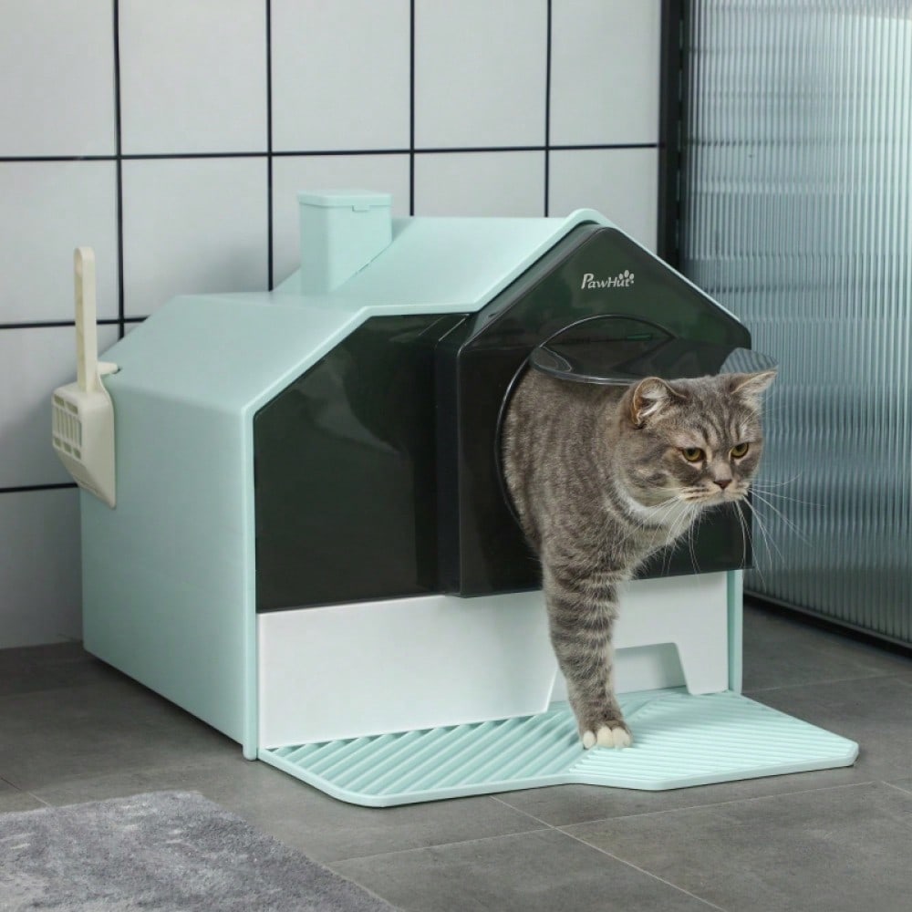 PawHut Katzentoilette mit Hütten-Design | Katzenklo mit herausnehmbarer Bodenwanne, Siebvorleger & Streuschaufel inklusive | Für Katzen, Grün