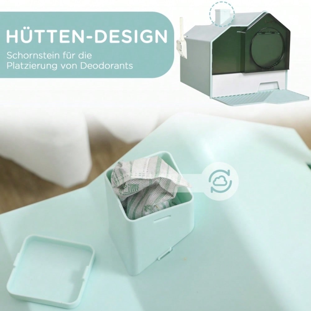 PawHut Katzentoilette mit Hütten-Design | Katzenklo mit herausnehmbarer Bodenwanne, Siebvorleger & Streuschaufel inklusive | Für Katzen, Grün