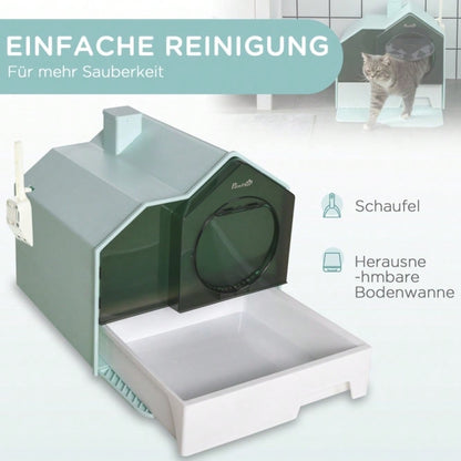 PawHut Katzentoilette mit Hütten-Design | Katzenklo mit herausnehmbarer Bodenwanne, Siebvorleger & Streuschaufel inklusive | Für Katzen, Grün