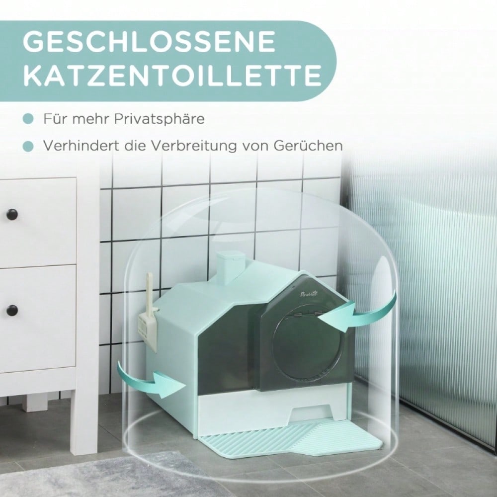 PawHut Katzentoilette mit Hütten-Design | Katzenklo mit herausnehmbarer Bodenwanne, Siebvorleger & Streuschaufel inklusive | Für Katzen, Grün