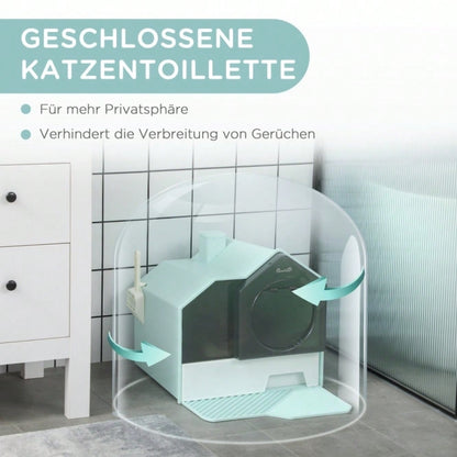 PawHut Katzentoilette mit Hütten-Design | Katzenklo mit herausnehmbarer Bodenwanne, Siebvorleger & Streuschaufel inklusive | Für Katzen, Grün
