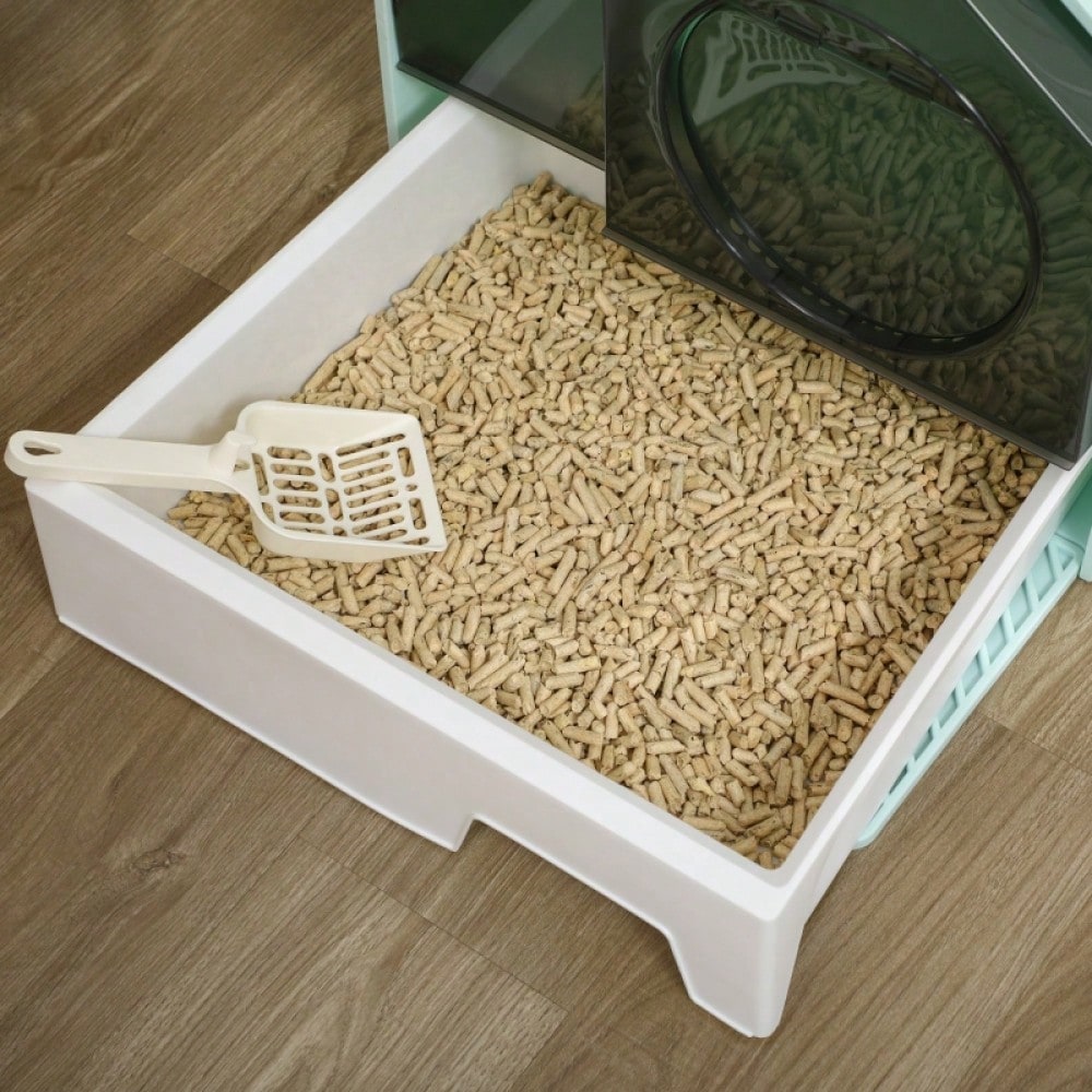 PawHut Katzentoilette mit Hütten-Design | Katzenklo mit herausnehmbarer Bodenwanne, Siebvorleger & Streuschaufel inklusive | Für Katzen, Grün