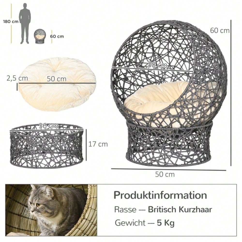 PawHut Katzenhöhle mit weichem Kissen, 2-teilig | Gemütlicher Katzenkorb & Schlafhaus für Katzen | Waschbar, 50x50x60 cm (LxBxH), Anthrazit