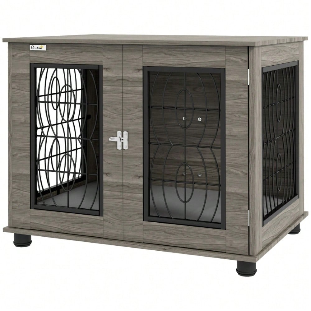 PawHut Hundebox mit weichem Liegekissen & Holzoptik | Transportbox und Schlafkorb für Hunde bis 20 kg (50 cm Körperlänge) | Metallkäfig, 80x56x63 cm, grau