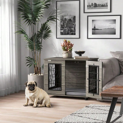 PawHut Hundebox mit weichem Liegekissen & Holzoptik | Transportbox und Schlafkorb für Hunde bis 20 kg (50 cm Körperlänge) | Metallkäfig, 80x56x63 cm, grau