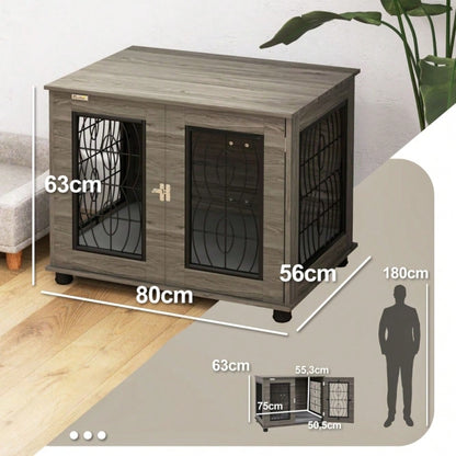 PawHut Hundebox mit weichem Liegekissen & Holzoptik | Transportbox und Schlafkorb für Hunde bis 20 kg (50 cm Körperlänge) | Metallkäfig, 80x56x63 cm, grau