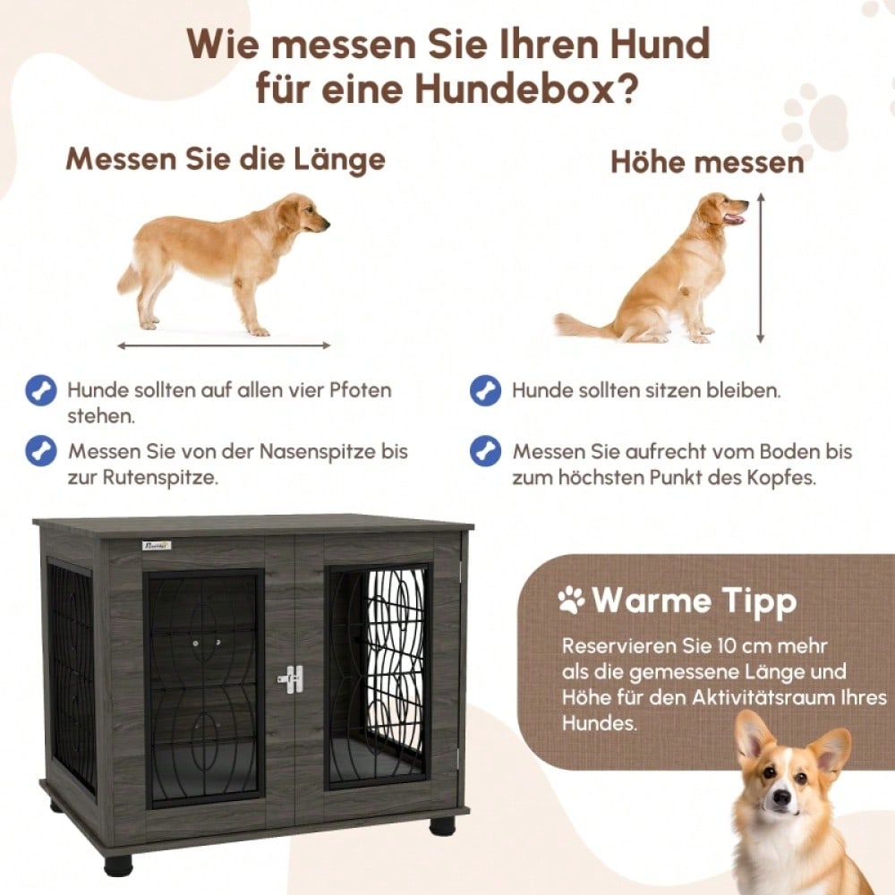 PawHut Hundebox mit weichem Liegekissen & Holzoptik | Transportbox und Schlafkorb für Hunde bis 20 kg (50 cm Körperlänge) | Metallkäfig, 80x56x63 cm, grau