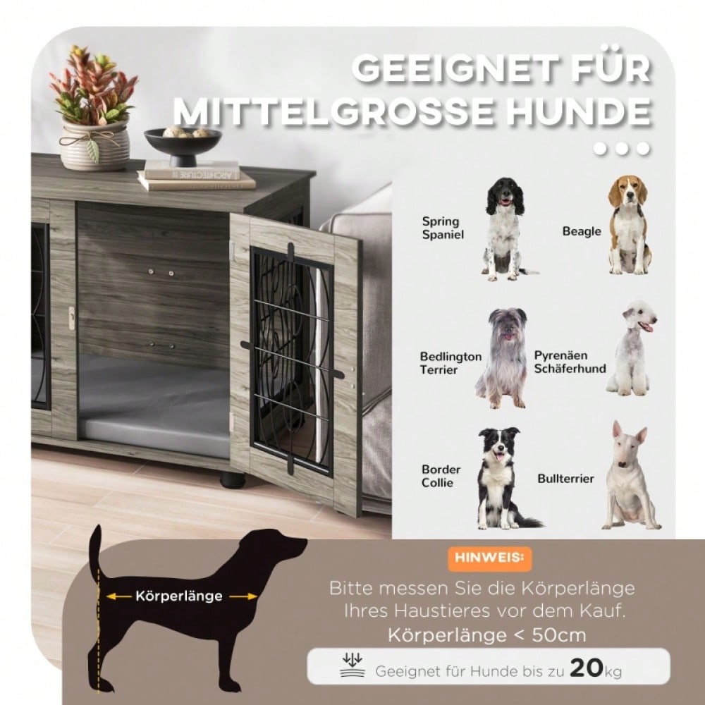 PawHut Hundebox mit weichem Liegekissen & Holzoptik | Transportbox und Schlafkorb für Hunde bis 20 kg (50 cm Körperlänge) | Metallkäfig, 80x56x63 cm, grau
