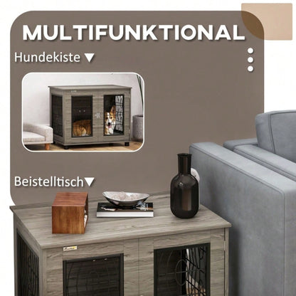 PawHut Hundebox mit weichem Liegekissen & Holzoptik | Transportbox und Schlafkorb für Hunde bis 20 kg (50 cm Körperlänge) | Metallkäfig, 80x56x63 cm, grau