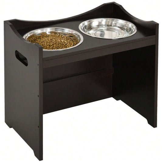 PawHut Höhenverstellbare Futterstation für Hunde & Katzen | Ergonomischer Hundenapf-Ständer mit Edelstahlschüsseln | Aus MDF, höhenverstellbar, 54x31.5x47 cm, dunkelbraun