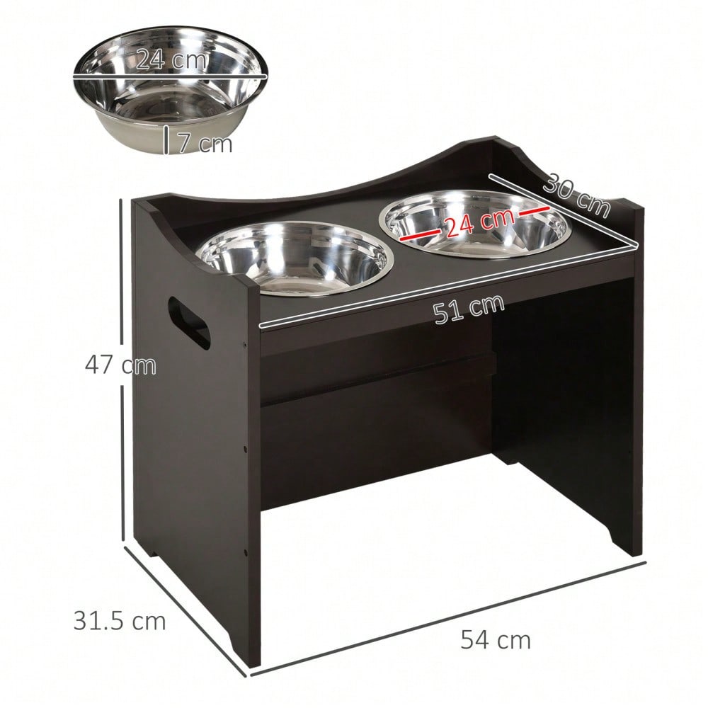 PawHut Höhenverstellbare Futterstation für Hunde & Katzen | Ergonomischer Hundenapf-Ständer mit Edelstahlschüsseln | Aus MDF, höhenverstellbar, 54x31.5x47 cm, dunkelbraun