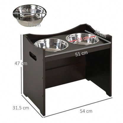 PawHut Höhenverstellbare Futterstation für Hunde & Katzen | Ergonomischer Hundenapf-Ständer mit Edelstahlschüsseln | Aus MDF, höhenverstellbar, 54x31.5x47 cm, dunkelbraun