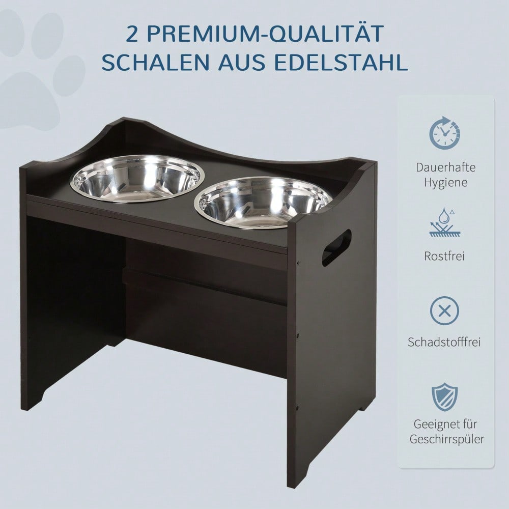 PawHut Höhenverstellbare Futterstation für Hunde & Katzen | Ergonomischer Hundenapf-Ständer mit Edelstahlschüsseln | Aus MDF, höhenverstellbar, 54x31.5x47 cm, dunkelbraun