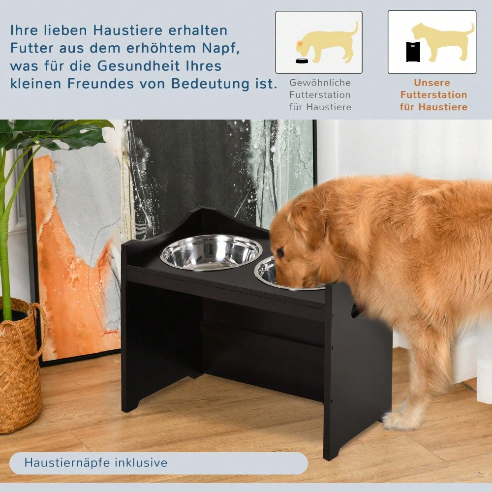 PawHut Höhenverstellbare Futterstation für Hunde & Katzen | Ergonomischer Hundenapf-Ständer mit Edelstahlschüsseln | Aus MDF, höhenverstellbar, 54x31.5x47 cm, dunkelbraun