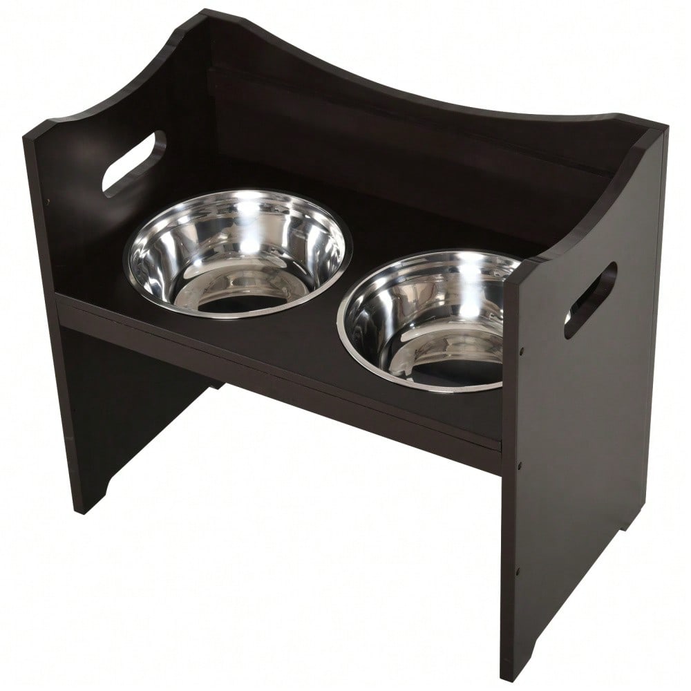 PawHut Höhenverstellbare Futterstation für Hunde & Katzen | Ergonomischer Hundenapf-Ständer mit Edelstahlschüsseln | Aus MDF, höhenverstellbar, 54x31.5x47 cm, dunkelbraun