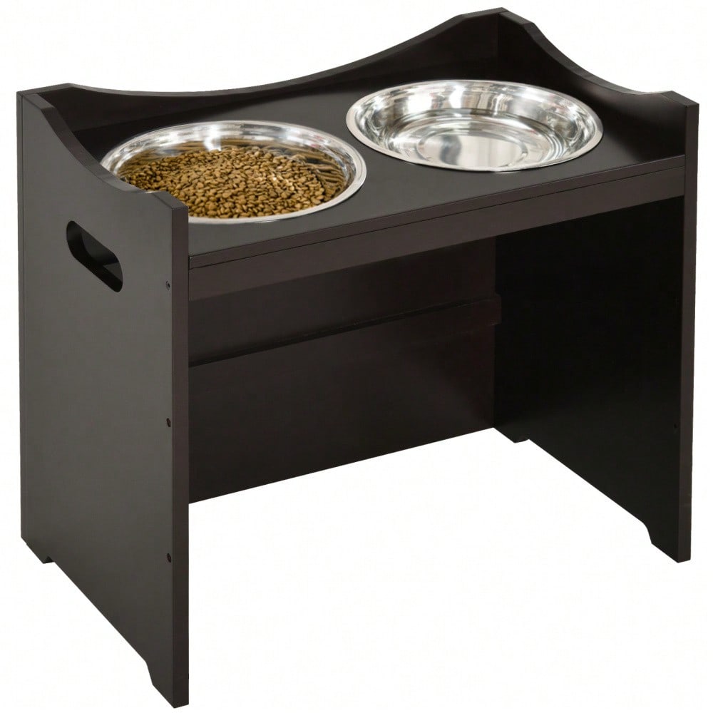 PawHut Höhenverstellbare Futterstation für Hunde & Katzen | Ergonomischer Hundenapf-Ständer mit Edelstahlschüsseln | Aus MDF, höhenverstellbar, 54x31.5x47 cm, dunkelbraun