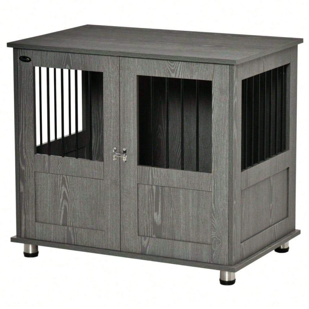 PawHut Hundebox & Hundehütte mit Schloss und Magnettür | Große Transportbox & Hundehaus mit Fenster für große Hunde  | Sicherheitskäfig, 85x55x75 cm, grau
