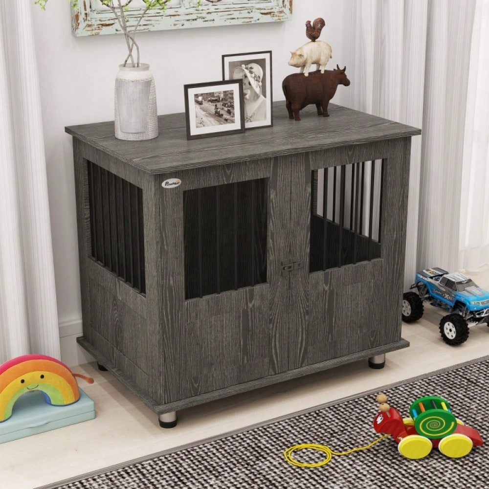 PawHut Hundebox & Hundehütte mit Schloss und Magnettür | Große Transportbox & Hundehaus mit Fenster für große Hunde  | Sicherheitskäfig, 85x55x75 cm, grau