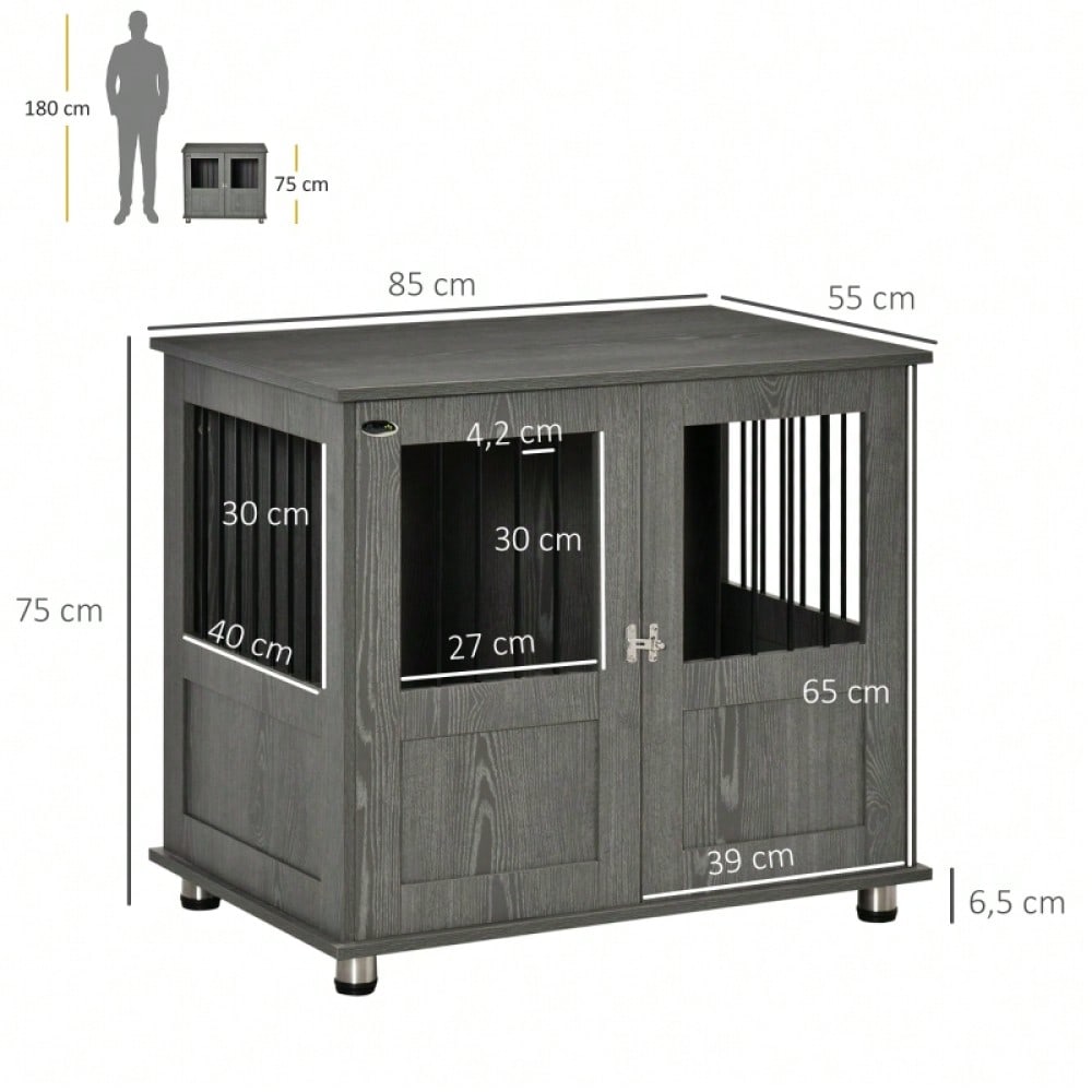 PawHut Hundebox & Hundehütte mit Schloss und Magnettür | Große Transportbox & Hundehaus mit Fenster für große Hunde  | Sicherheitskäfig, 85x55x75 cm, grau
