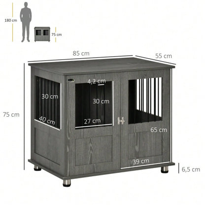 PawHut Hundebox & Hundehütte mit Schloss und Magnettür | Große Transportbox & Hundehaus mit Fenster für große Hunde  | Sicherheitskäfig, 85x55x75 cm, grau