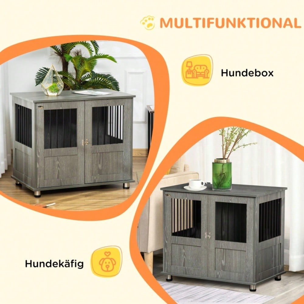 PawHut Hundebox & Hundehütte mit Schloss und Magnettür | Große Transportbox & Hundehaus mit Fenster für große Hunde  | Sicherheitskäfig, 85x55x75 cm, grau