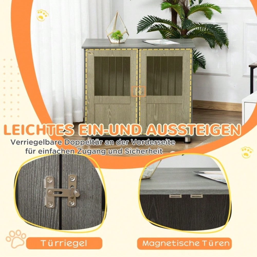 PawHut Hundebox & Hundehütte mit Schloss und Magnettür | Große Transportbox & Hundehaus mit Fenster für große Hunde  | Sicherheitskäfig, 85x55x75 cm, grau