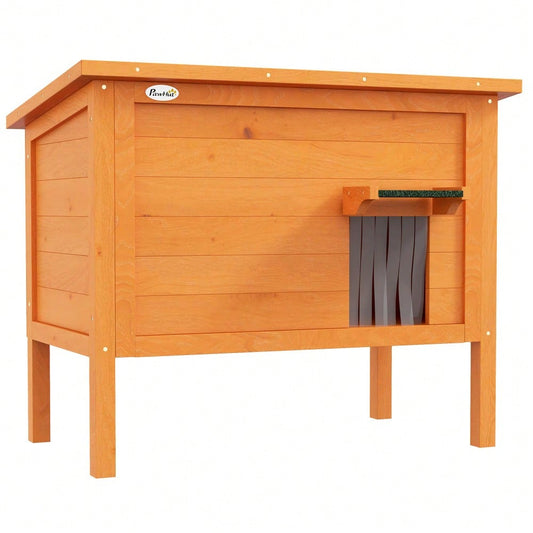PawHut Outdoor Katzenhaus aus Holz mit Isolierung | Wetterfeste, isolierte Katzenhütte mit Türvorhang & erhöhtem Design | Für Kleintiere, 60x60x81.5 cm, orange