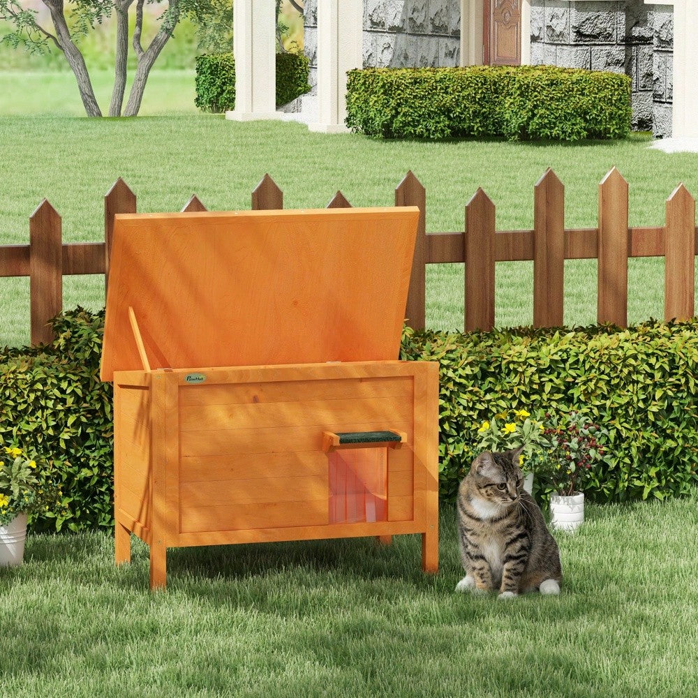 PawHut Outdoor Katzenhaus aus Holz mit Isolierung | Wetterfeste, isolierte Katzenhütte mit Türvorhang & erhöhtem Design | Für Kleintiere, 60x60x81.5 cm, orange
