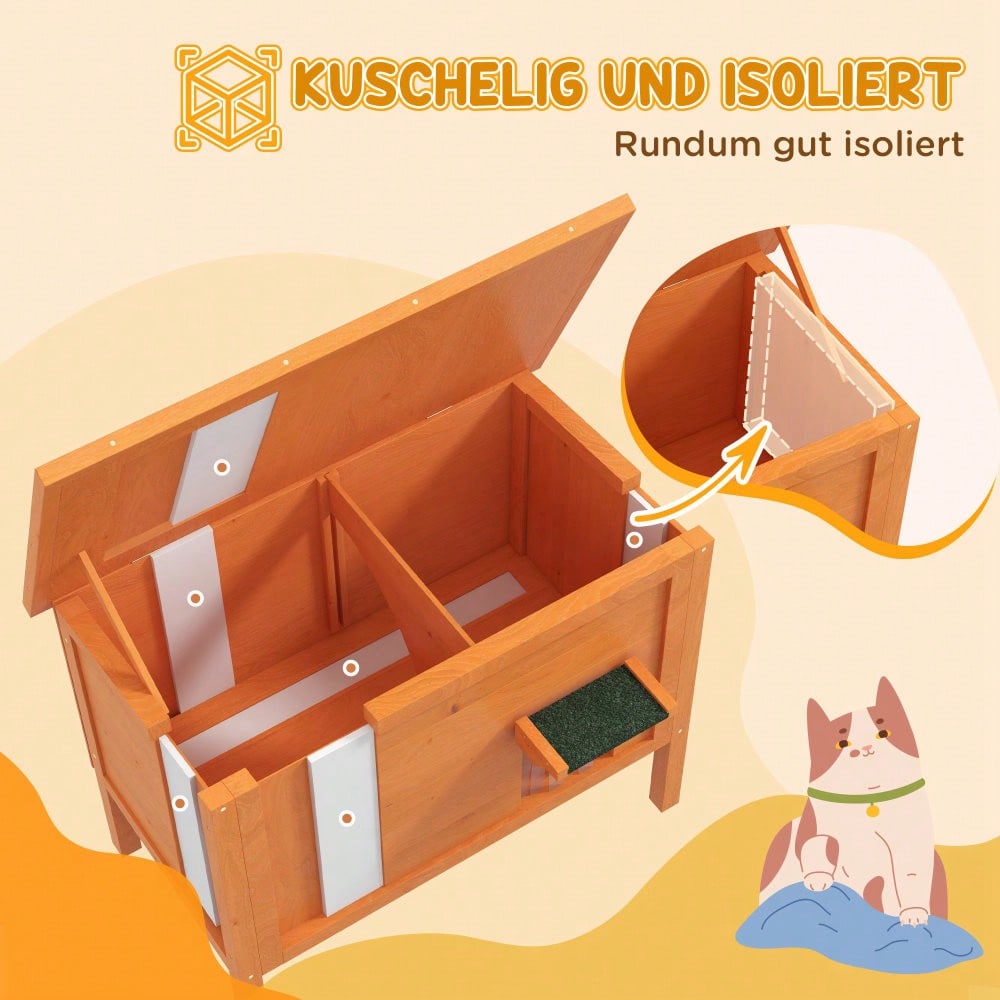 PawHut Outdoor Katzenhaus aus Holz mit Isolierung | Wetterfeste, isolierte Katzenhütte mit Türvorhang & erhöhtem Design | Für Kleintiere, 60x60x81.5 cm, orange