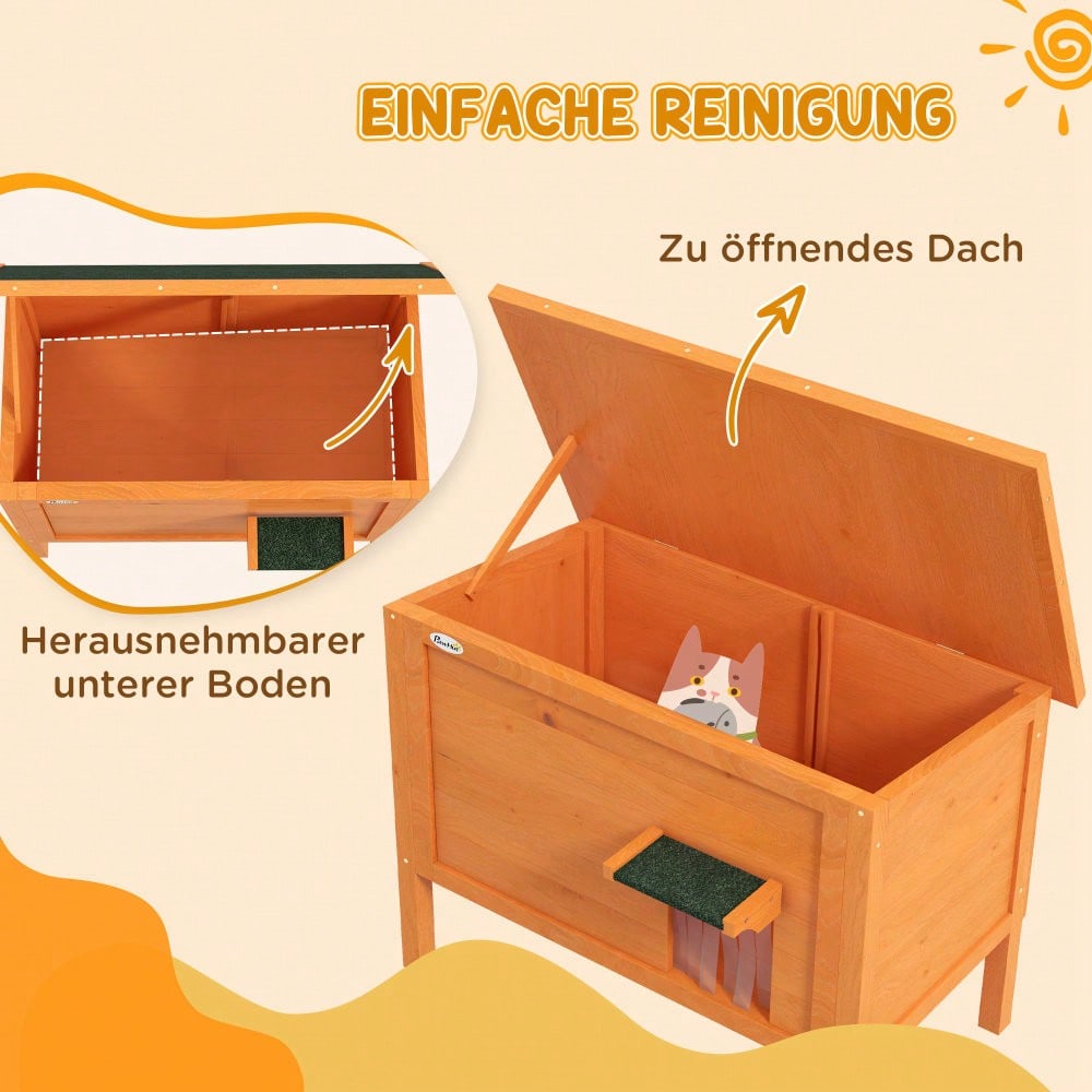 PawHut Outdoor Katzenhaus aus Holz mit Isolierung | Wetterfeste, isolierte Katzenhütte mit Türvorhang & erhöhtem Design | Für Kleintiere, 60x60x81.5 cm, orange