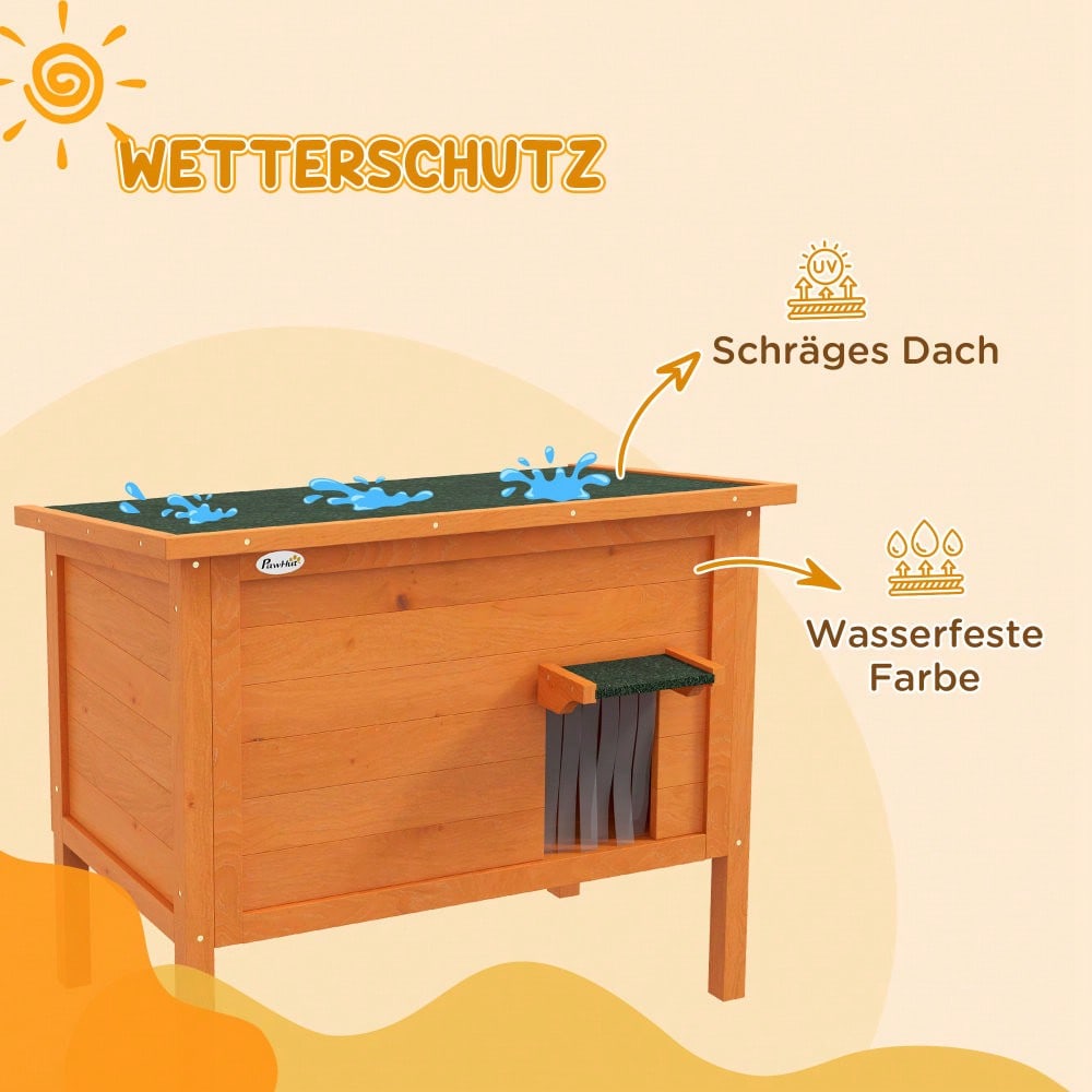 PawHut Outdoor Katzenhaus aus Holz mit Isolierung | Wetterfeste, isolierte Katzenhütte mit Türvorhang & erhöhtem Design | Für Kleintiere, 60x60x81.5 cm, orange