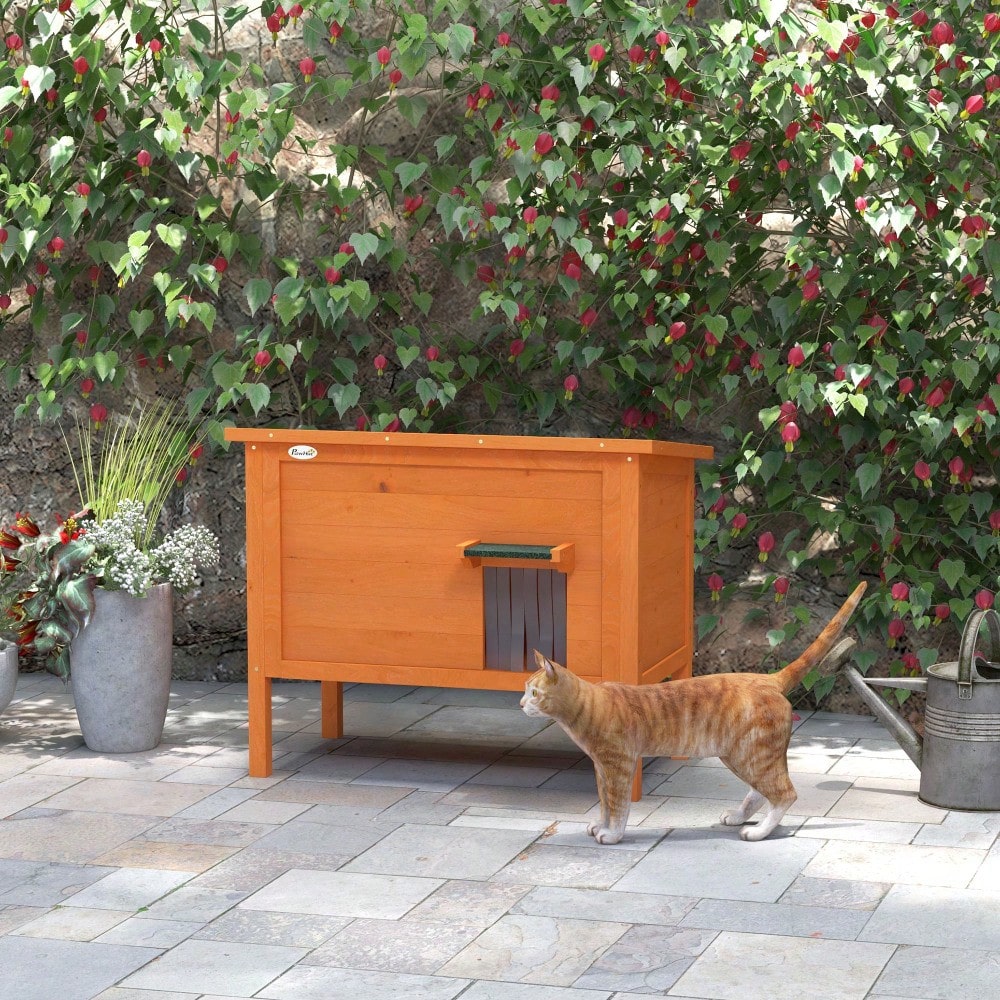 PawHut Outdoor Katzenhaus aus Holz mit Isolierung | Wetterfeste, isolierte Katzenhütte mit Türvorhang & erhöhtem Design | Für Kleintiere, 60x60x81.5 cm, orange