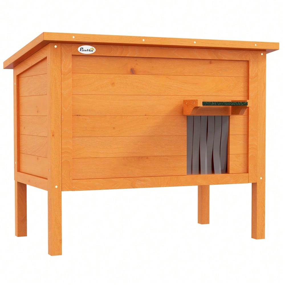 PawHut Outdoor Katzenhaus aus Holz mit Isolierung | Wetterfeste, isolierte Katzenhütte mit Türvorhang & erhöhtem Design | Für Kleintiere, 60x60x81.5 cm, orange