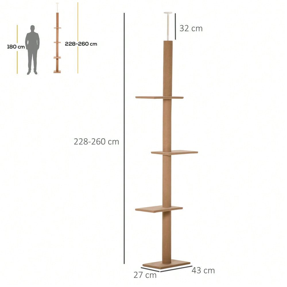 PawHut Höhenverstellbarer Kratzbaum für Katzen 228-260cm | Kletterbaum & Spielbaum mit mehreren Ebenen zum Klettern, Spielen und Ausruhen | Aus massivem Holz, hellbraun, 43x27x228-260cm