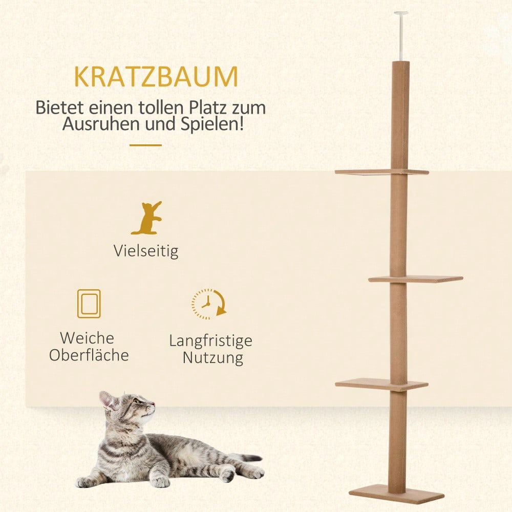 PawHut Höhenverstellbarer Kratzbaum für Katzen 228-260cm | Kletterbaum & Spielbaum mit mehreren Ebenen zum Klettern, Spielen und Ausruhen | Aus massivem Holz, hellbraun, 43x27x228-260cm