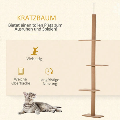 PawHut Höhenverstellbarer Kratzbaum für Katzen 228-260cm | Kletterbaum & Spielbaum mit mehreren Ebenen zum Klettern, Spielen und Ausruhen | Aus massivem Holz, hellbraun, 43x27x228-260cm