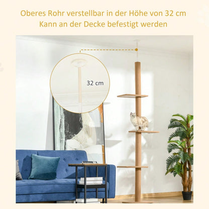 PawHut Höhenverstellbarer Kratzbaum für Katzen 228-260cm | Kletterbaum & Spielbaum mit mehreren Ebenen zum Klettern, Spielen und Ausruhen | Aus massivem Holz, hellbraun, 43x27x228-260cm