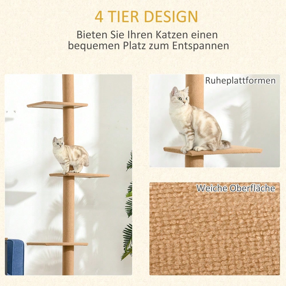 PawHut Höhenverstellbarer Kratzbaum für Katzen 228-260cm | Kletterbaum & Spielbaum mit mehreren Ebenen zum Klettern, Spielen und Ausruhen | Aus massivem Holz, hellbraun, 43x27x228-260cm