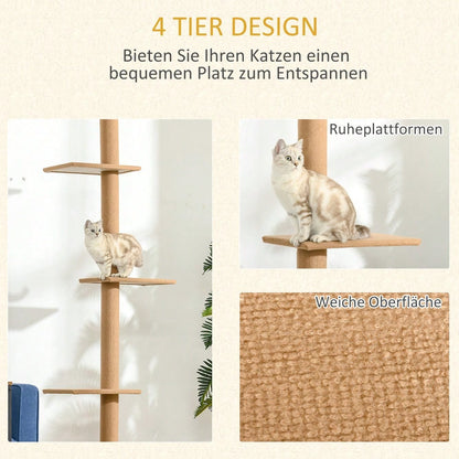 PawHut Höhenverstellbarer Kratzbaum für Katzen 228-260cm | Kletterbaum & Spielbaum mit mehreren Ebenen zum Klettern, Spielen und Ausruhen | Aus massivem Holz, hellbraun, 43x27x228-260cm
