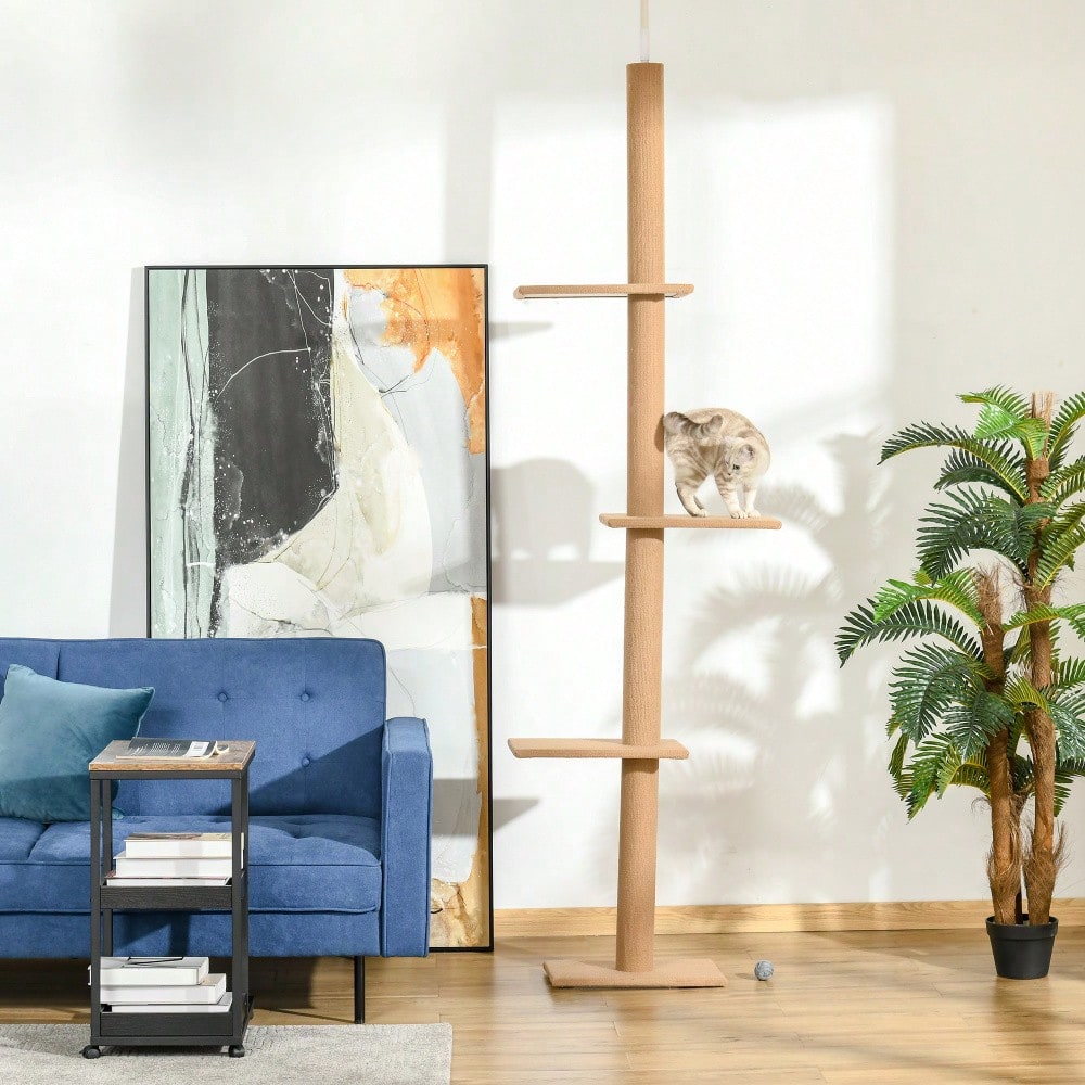 PawHut Höhenverstellbarer Kratzbaum für Katzen 228-260cm | Kletterbaum & Spielbaum mit mehreren Ebenen zum Klettern, Spielen und Ausruhen | Aus massivem Holz, hellbraun, 43x27x228-260cm