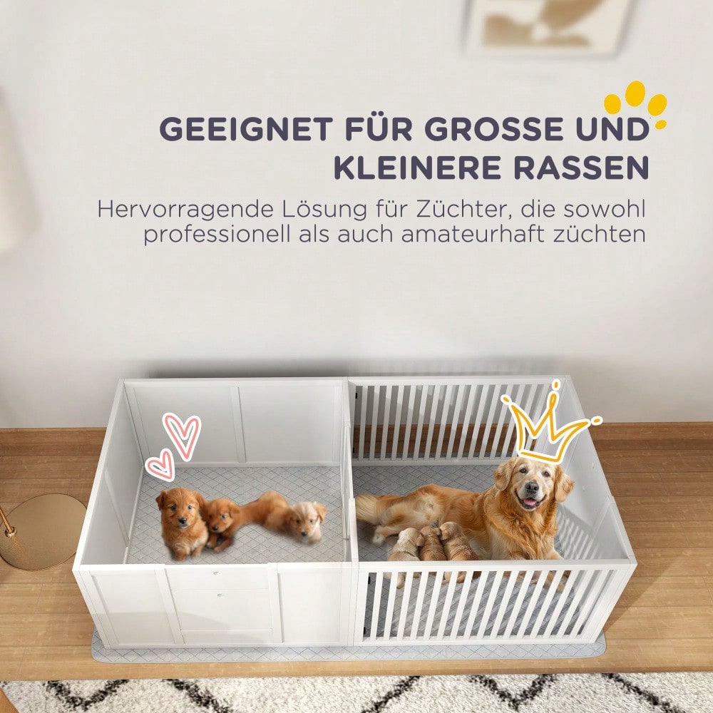 PawHut Welpenauslauf mit wasserdichtem Pinkelkissen & verstellbarer Tür | Wurfkiste und Laufstall für kleine bis große Hunderassen | Welpengehege mit robustem Design