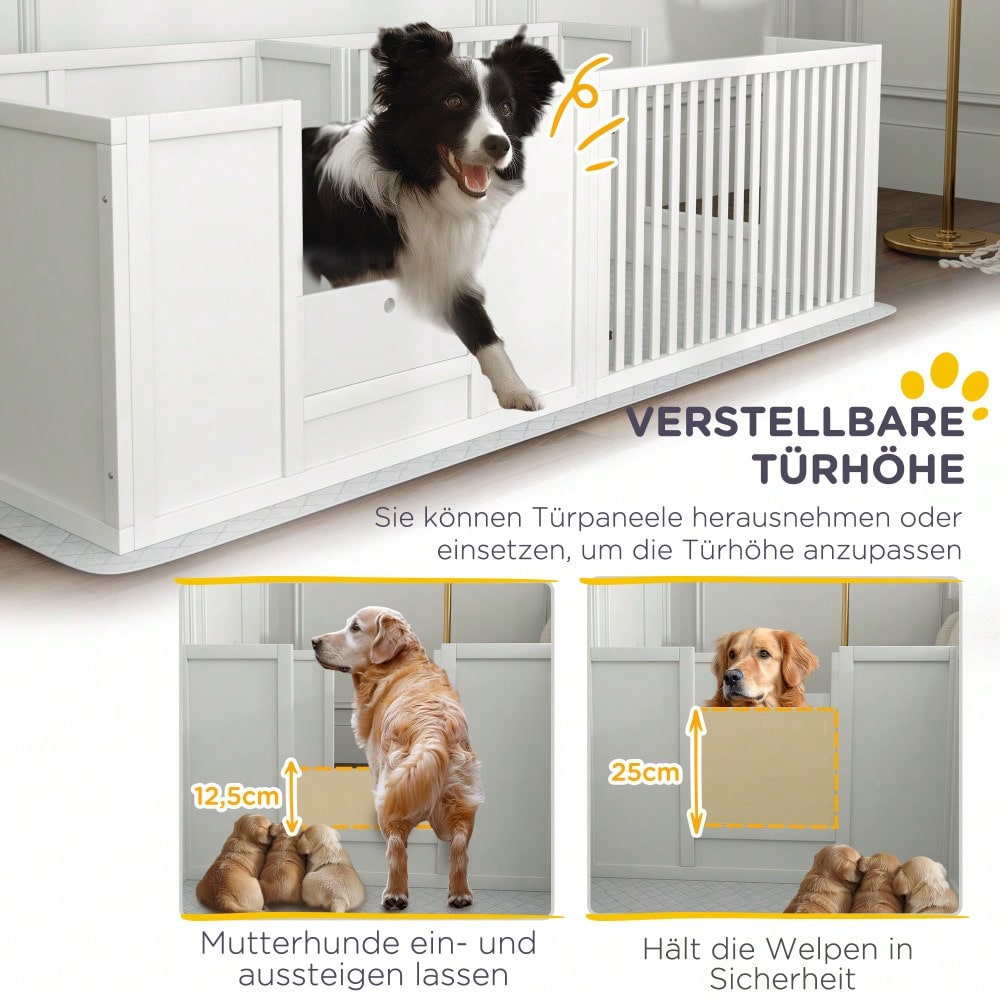 PawHut Welpenauslauf mit wasserdichtem Pinkelkissen & verstellbarer Tür | Wurfkiste und Laufstall für kleine bis große Hunderassen | Welpengehege mit robustem Design