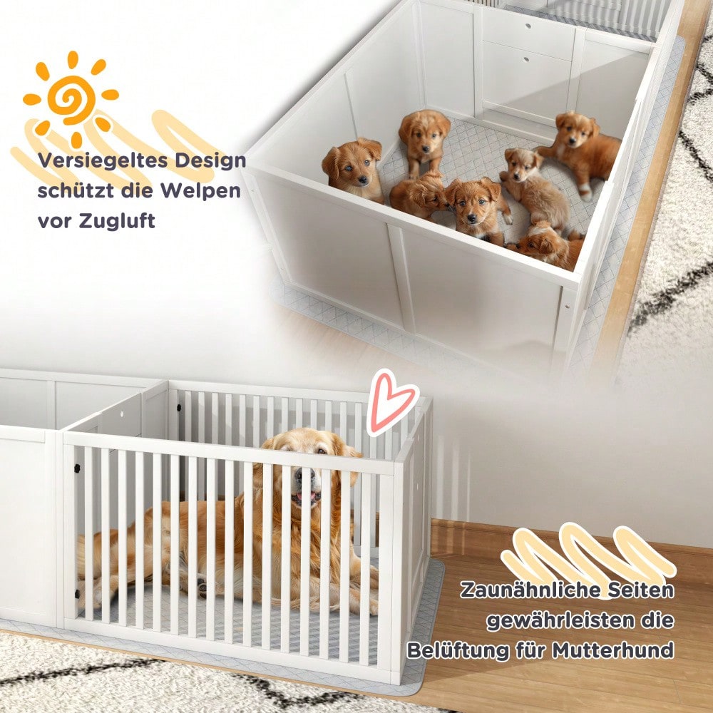 PawHut Welpenauslauf mit wasserdichtem Pinkelkissen & verstellbarer Tür | Wurfkiste und Laufstall für kleine bis große Hunderassen | Welpengehege mit robustem Design
