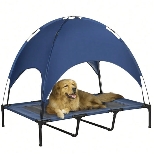 PawHut Outdoor Hundebett mit Baldachin & wasserfester Abdeckung | Klappbares, wetterfestes Hundesofa für den Garten | Tragbarer Hundeschlafplatz für große Hunde, 122x92x108 cm, blau-schwarz