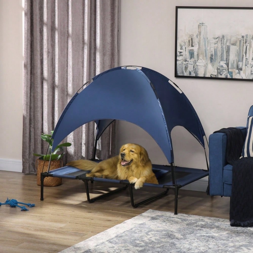 PawHut Outdoor Hundebett mit Baldachin & wasserfester Abdeckung | Klappbares, wetterfestes Hundesofa für den Garten | Tragbarer Hundeschlafplatz für große Hunde, 122x92x108 cm, blau-schwarz